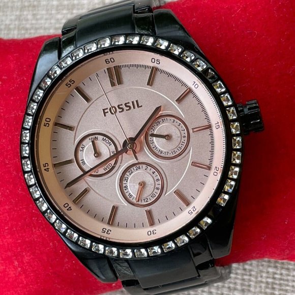 Fossil Ladies Wristwatch Crystals Accent Bezel Black Tone Quartz Multi-function - Picture 11 of 11